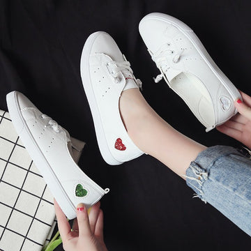 Womens Flat Sneakers Shoes Slip On Lace Up White Heart Cute