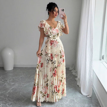 V-neck Digital Floral Print Ruffles Dress