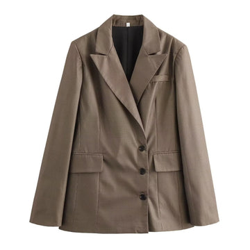 Female Loose And Casual Khaki Plaid Mid-length Suit Coat