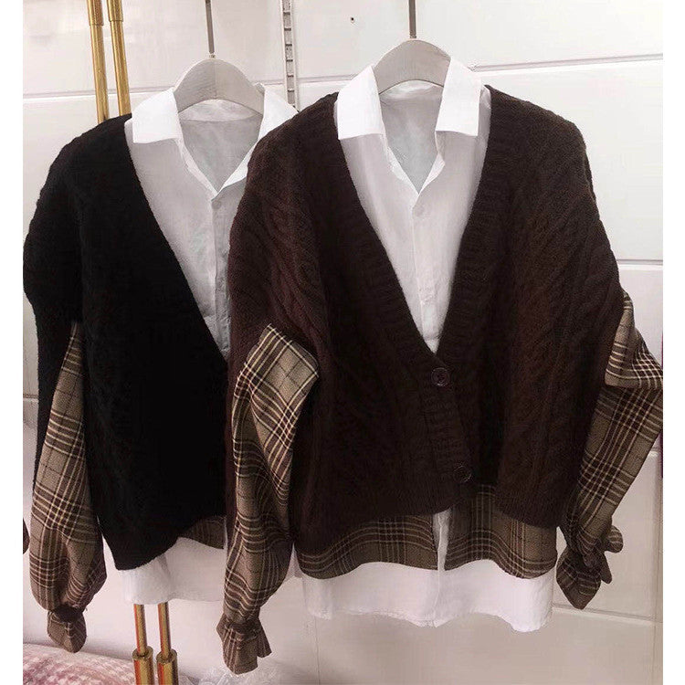 Korea Chic Knitted Cardigan Spliced Womens Autumn