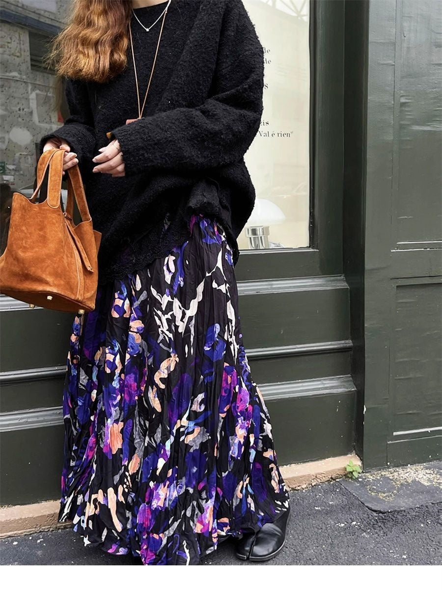 Vintage Crumpled Design Sense Niche Floral Skirt