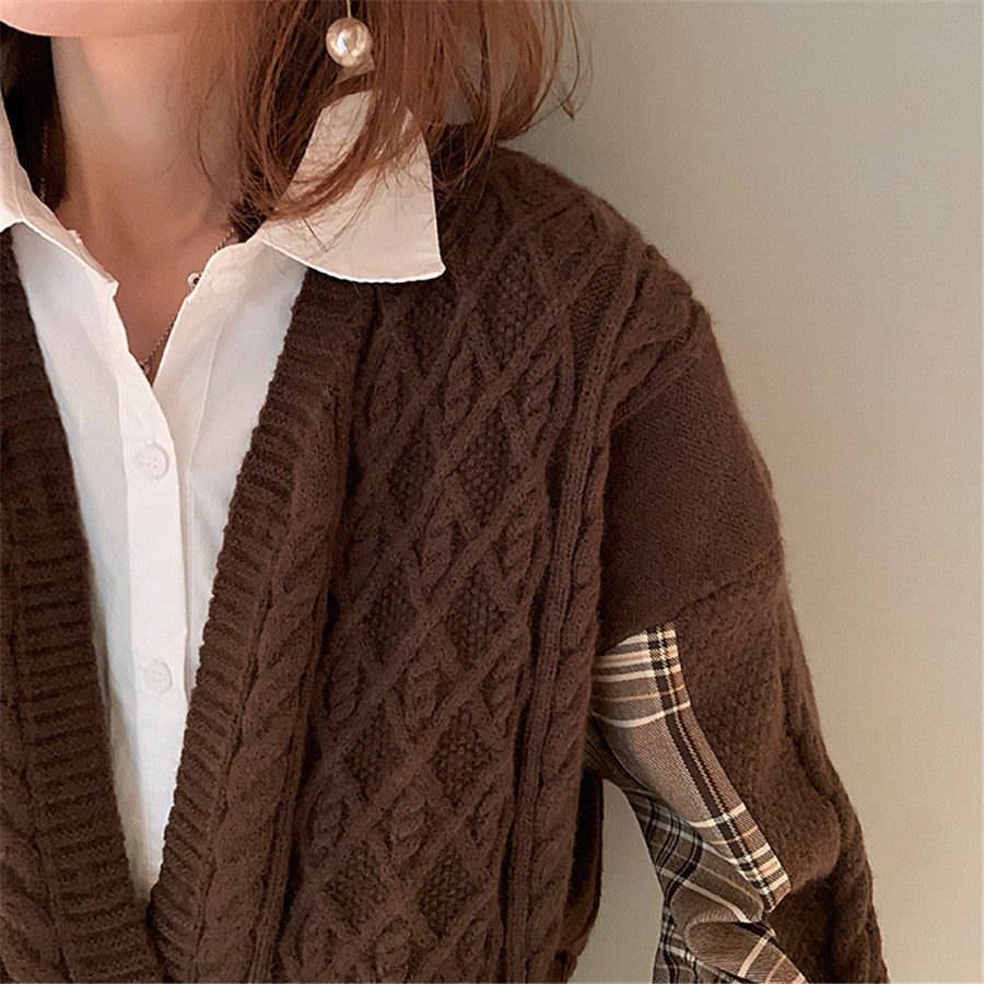 Korea Chic Knitted Cardigan Spliced Womens Autumn