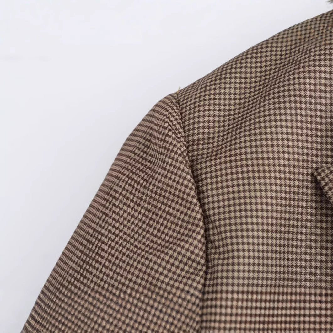 Female Loose And Casual Khaki Plaid Mid-length Suit Coat