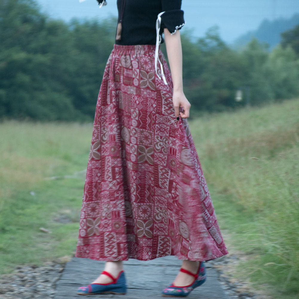 Women's Ethnic Style Cotton And Linen Half-length Elastic Waist Large Swing Skirt A- Line Skirt