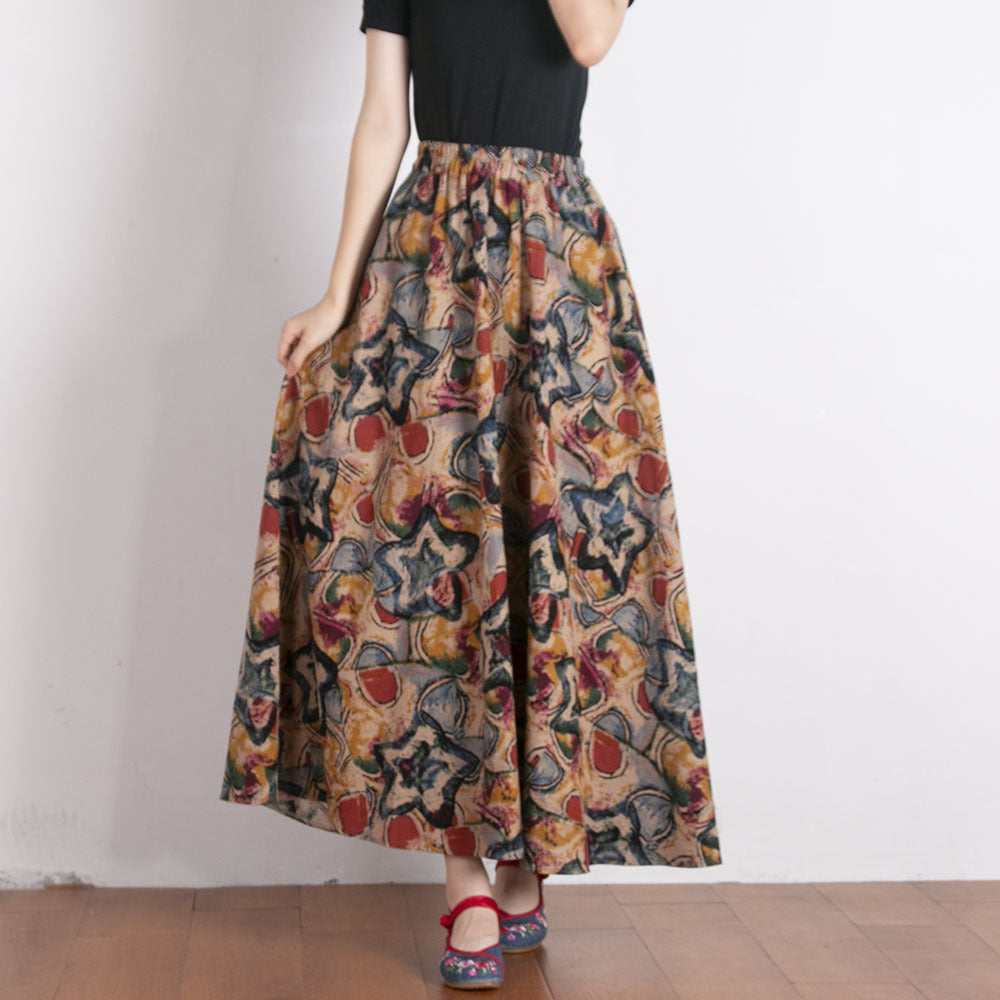 Women's Ethnic Style Cotton And Linen Half-length Elastic Waist Large Swing Skirt A- Line Skirt