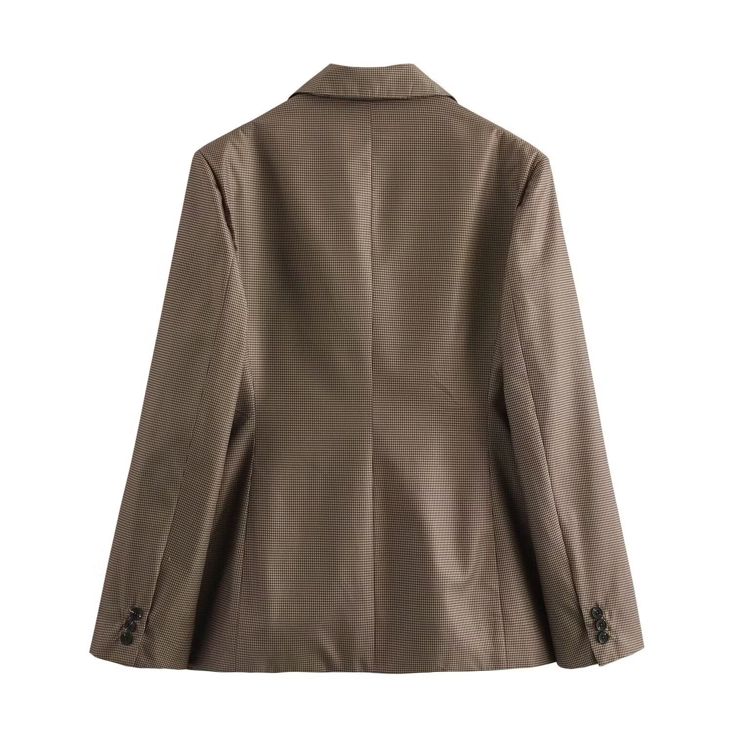 Female Loose And Casual Khaki Plaid Mid-length Suit Coat