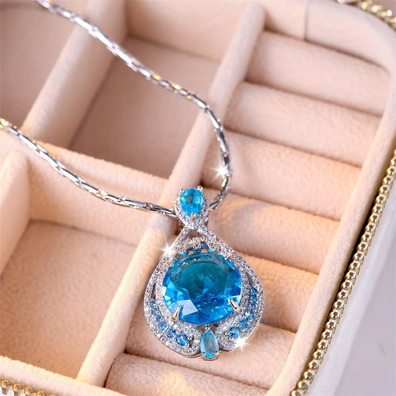 Simple Stylish Pendant Women's Bright Fireworks Cut Big Gram Blue Colored Gems Necklace