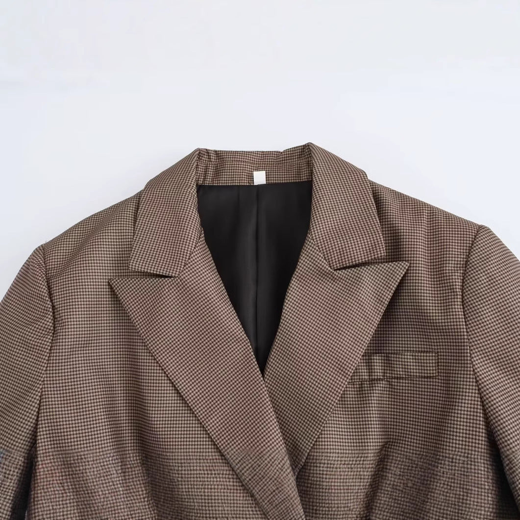 Female Loose And Casual Khaki Plaid Mid-length Suit Coat
