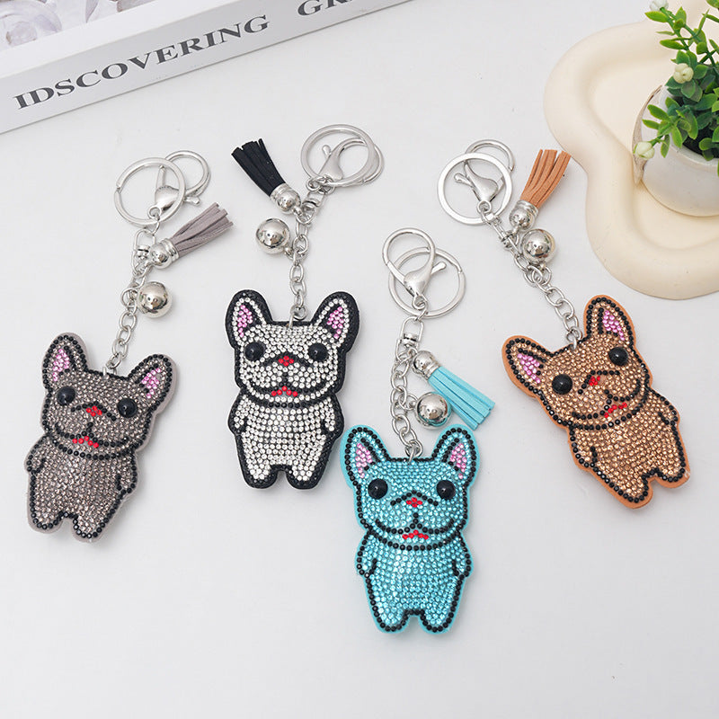 French Dog Rhinestone Keychain Fashion Diamond Bag Tassel Pendant
