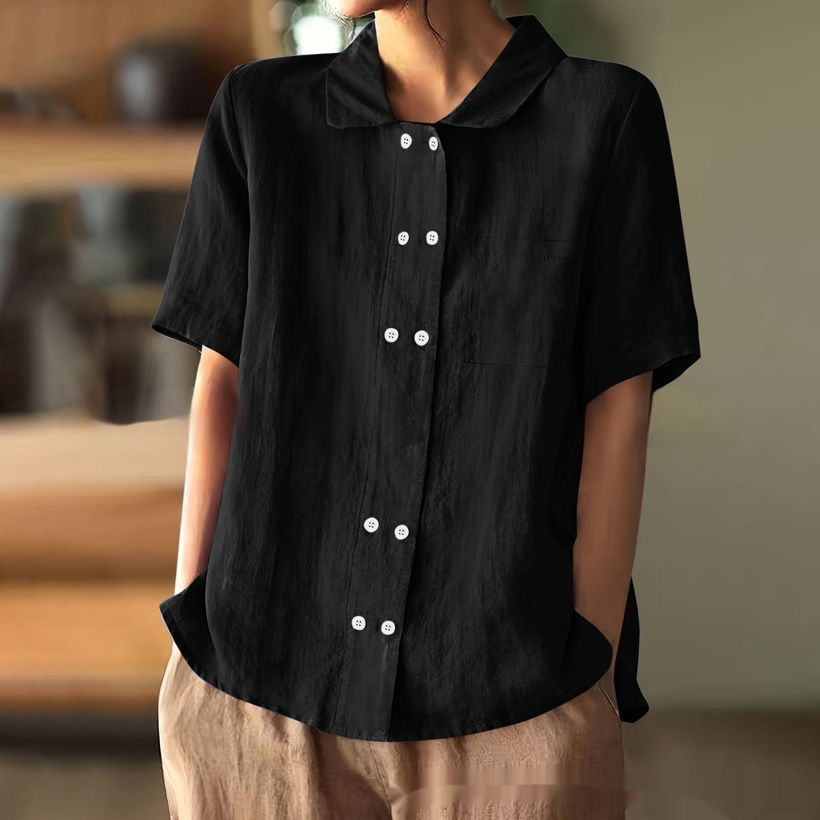 Graceful And Fashionable Solid Color Loose Double Breasted Lapel Shirt Thin