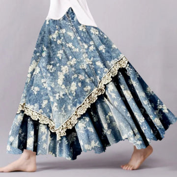 Vintage Floral Lace Patchwork Art Flowy Midi Skirt