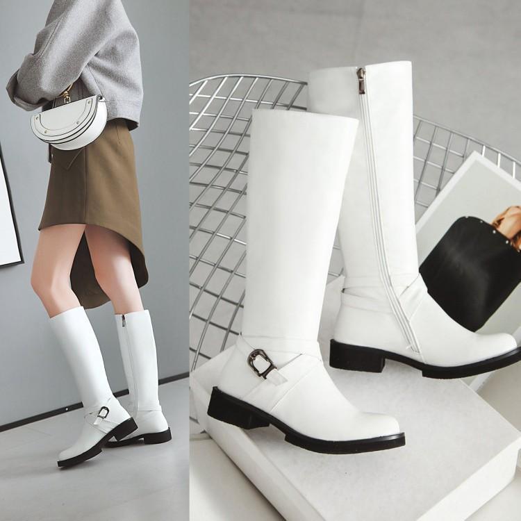 Womens Boots Shoes Flat Knee High Pu Leather  Buckle Riding Calf