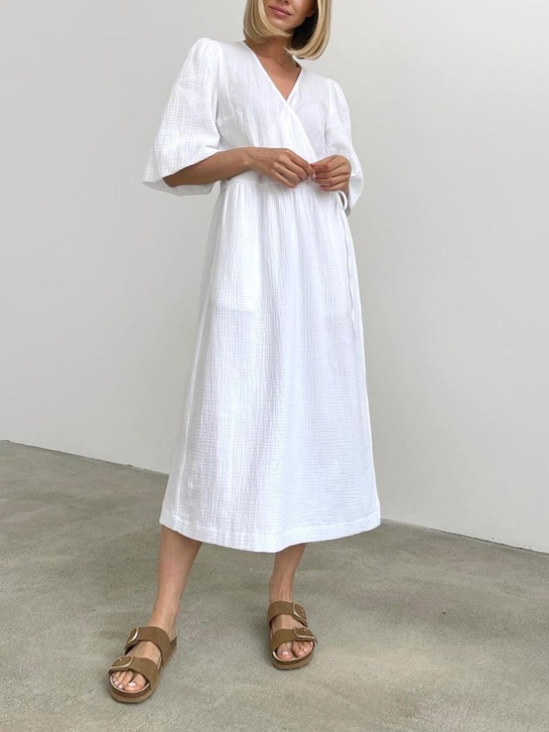 V-neck Puff Short Sleeve Lace-up Dress