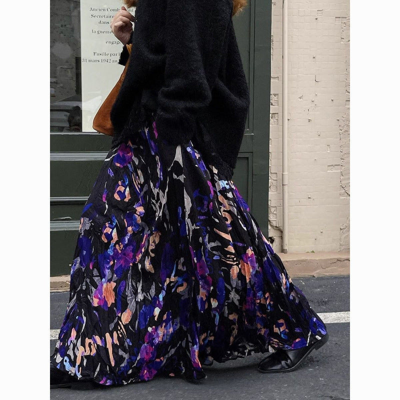 Vintage Crumpled Design Sense Niche Floral Skirt