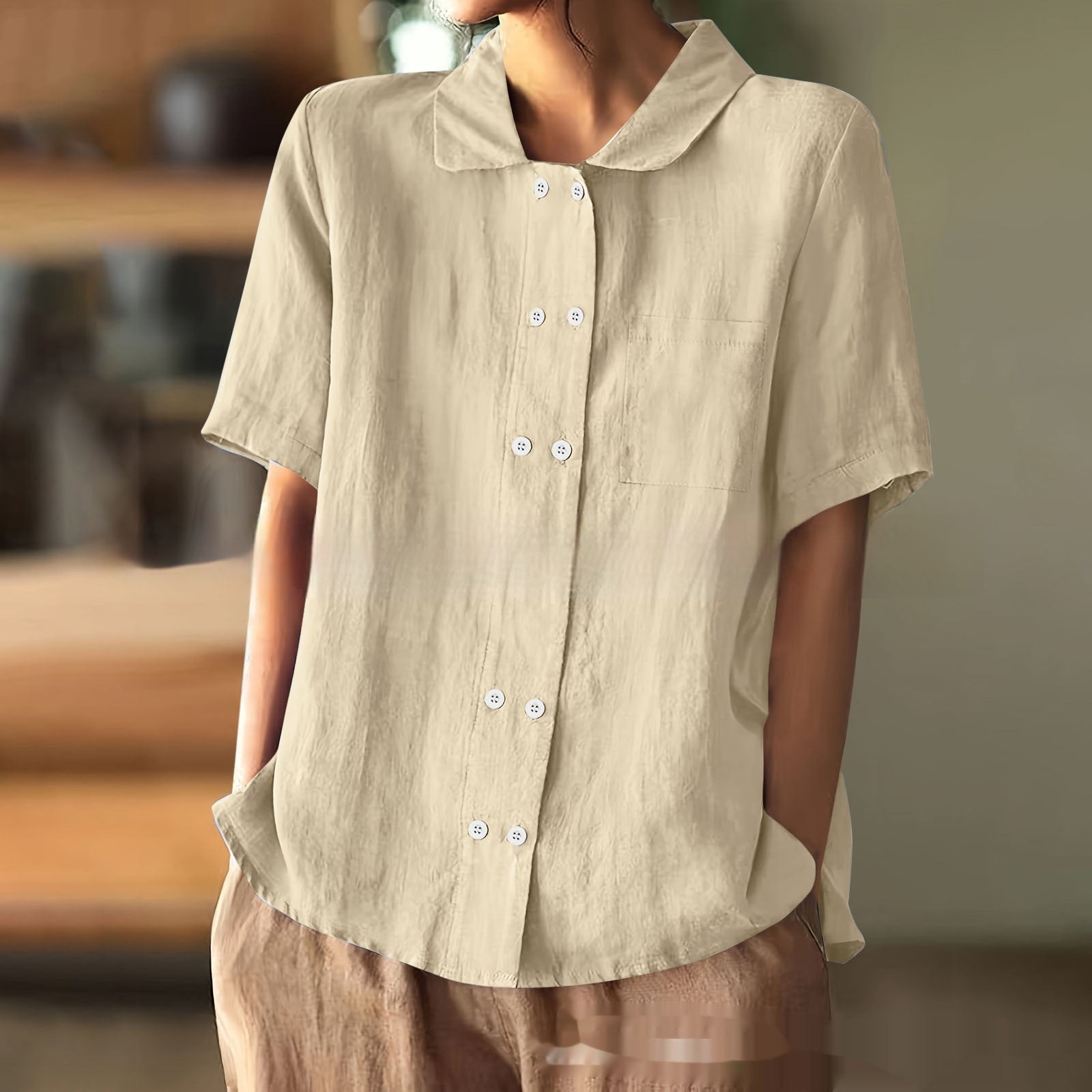 Graceful And Fashionable Solid Color Loose Double Breasted Lapel Shirt Thin