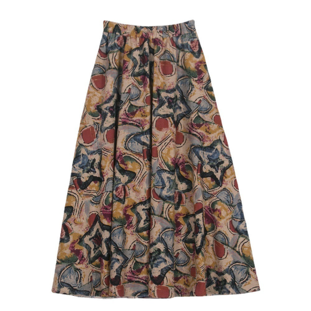 Women's Ethnic Style Cotton And Linen Half-length Elastic Waist Large Swing Skirt A- Line Skirt
