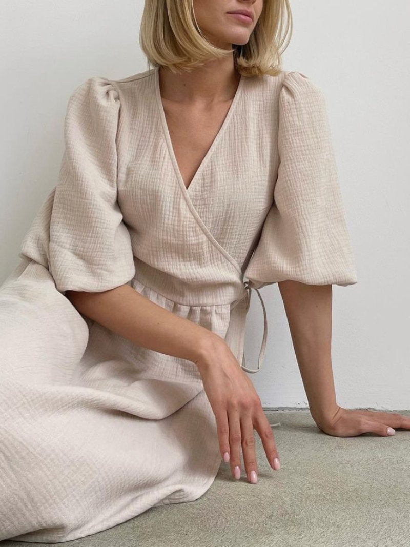 V-neck Puff Short Sleeve Lace-up Dress