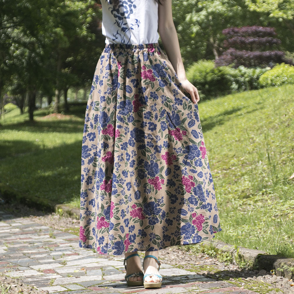 Women's Ethnic Style Cotton And Linen Half-length Elastic Waist Large Swing Skirt A- Line Skirt