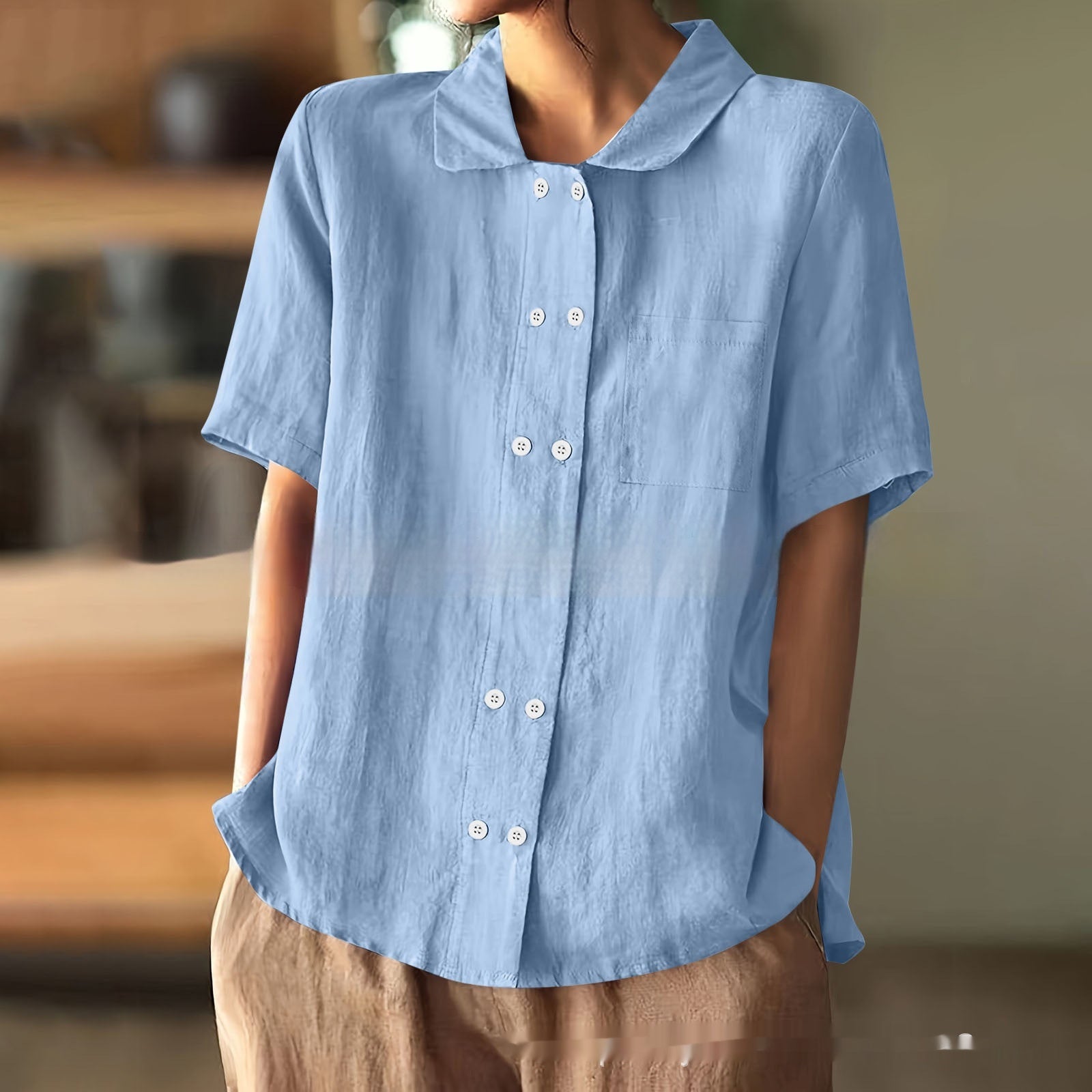 Graceful And Fashionable Solid Color Loose Double Breasted Lapel Shirt Thin