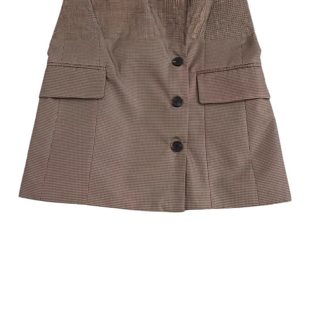 Female Loose And Casual Khaki Plaid Mid-length Suit Coat