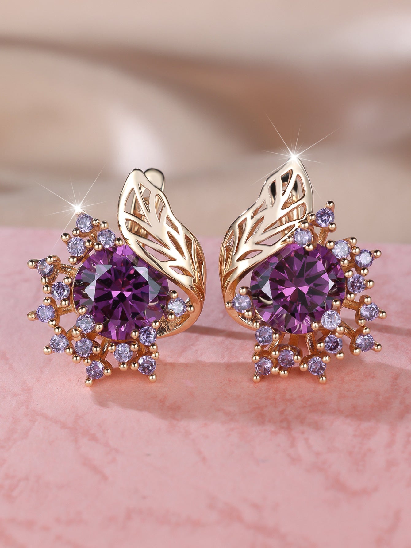 Round Flowers Feather Zircon Earrings Female Personality Fashion High Sense