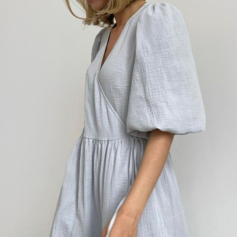 V-neck Puff Short Sleeve Lace-up Dress