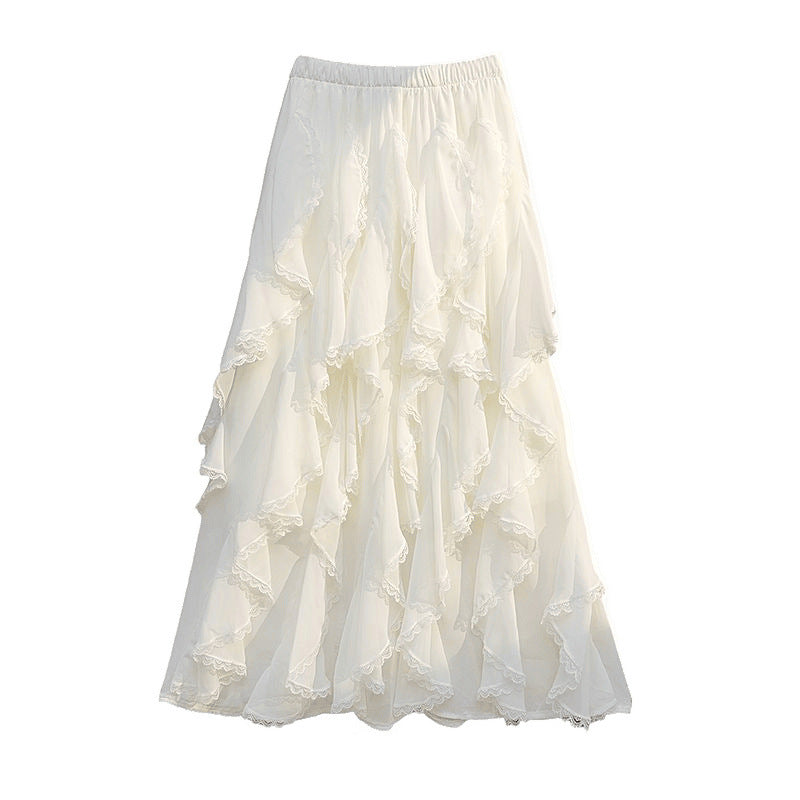 New Loose High Waist Stitching Lace Irregular Midi Dress