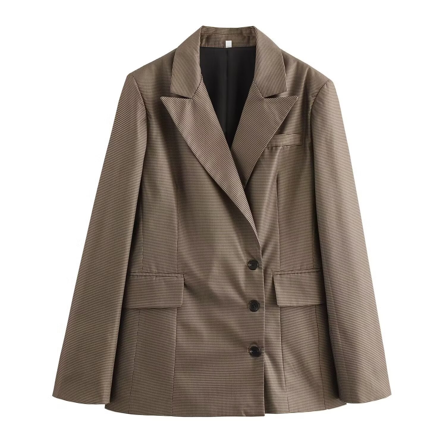 Female Loose And Casual Khaki Plaid Mid-length Suit Coat