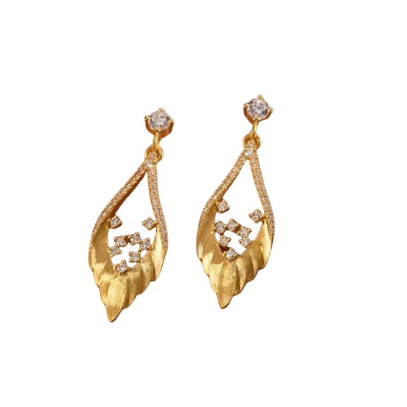 Sterling Silver Brushed Feather Spot Drill Stud Earrings For Women Exquisite Elegant