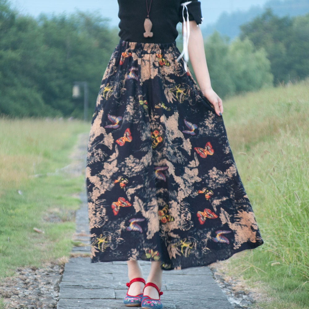 Women's Ethnic Style Cotton And Linen Half-length Elastic Waist Large Swing Skirt A- Line Skirt