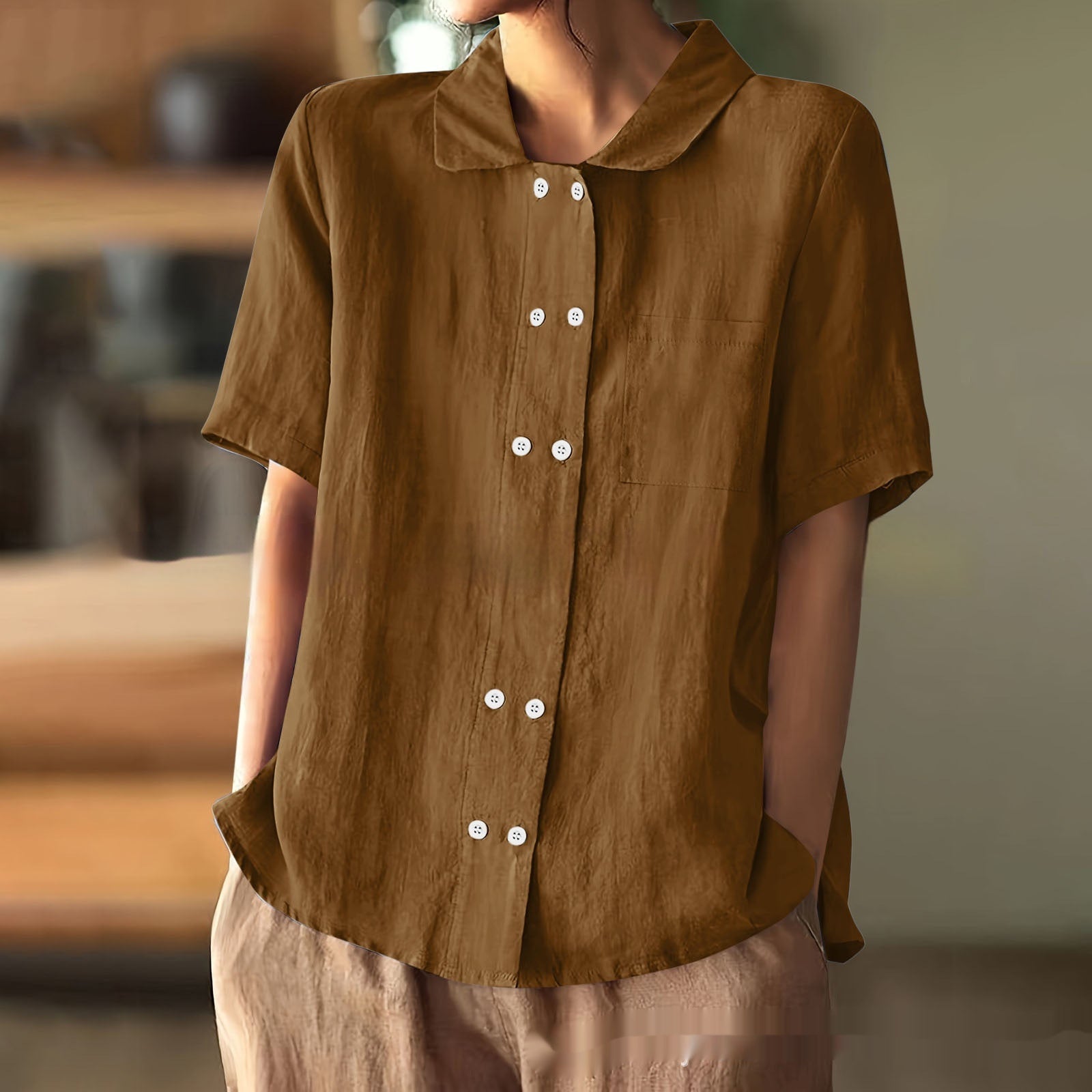 Graceful And Fashionable Solid Color Loose Double Breasted Lapel Shirt Thin