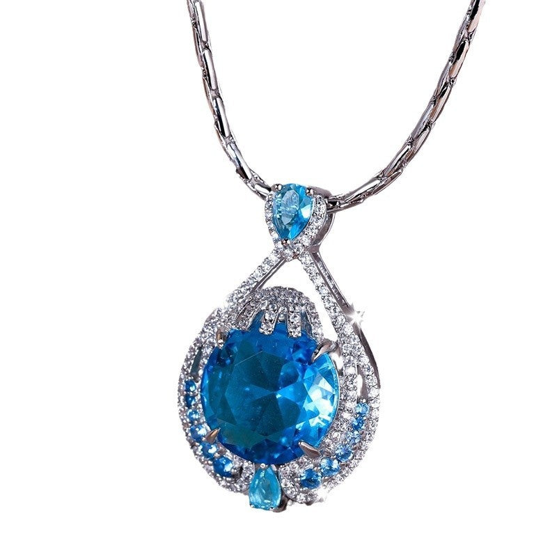 Simple Stylish Pendant Women's Bright Fireworks Cut Big Gram Blue Colored Gems Necklace