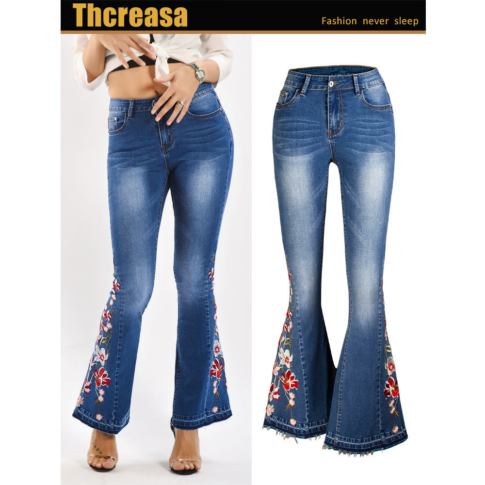 3D Machine Embroidery Denim Women's Autumn Denim Wide Leg Trousers