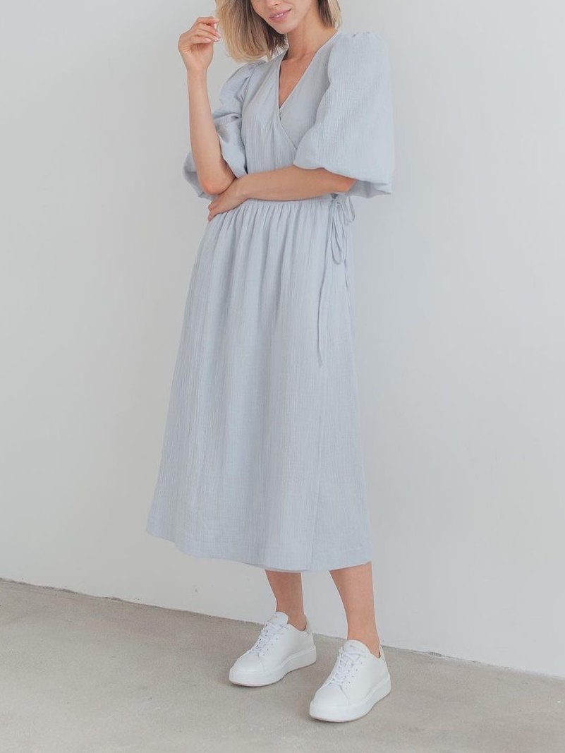 V-neck Puff Short Sleeve Lace-up Dress