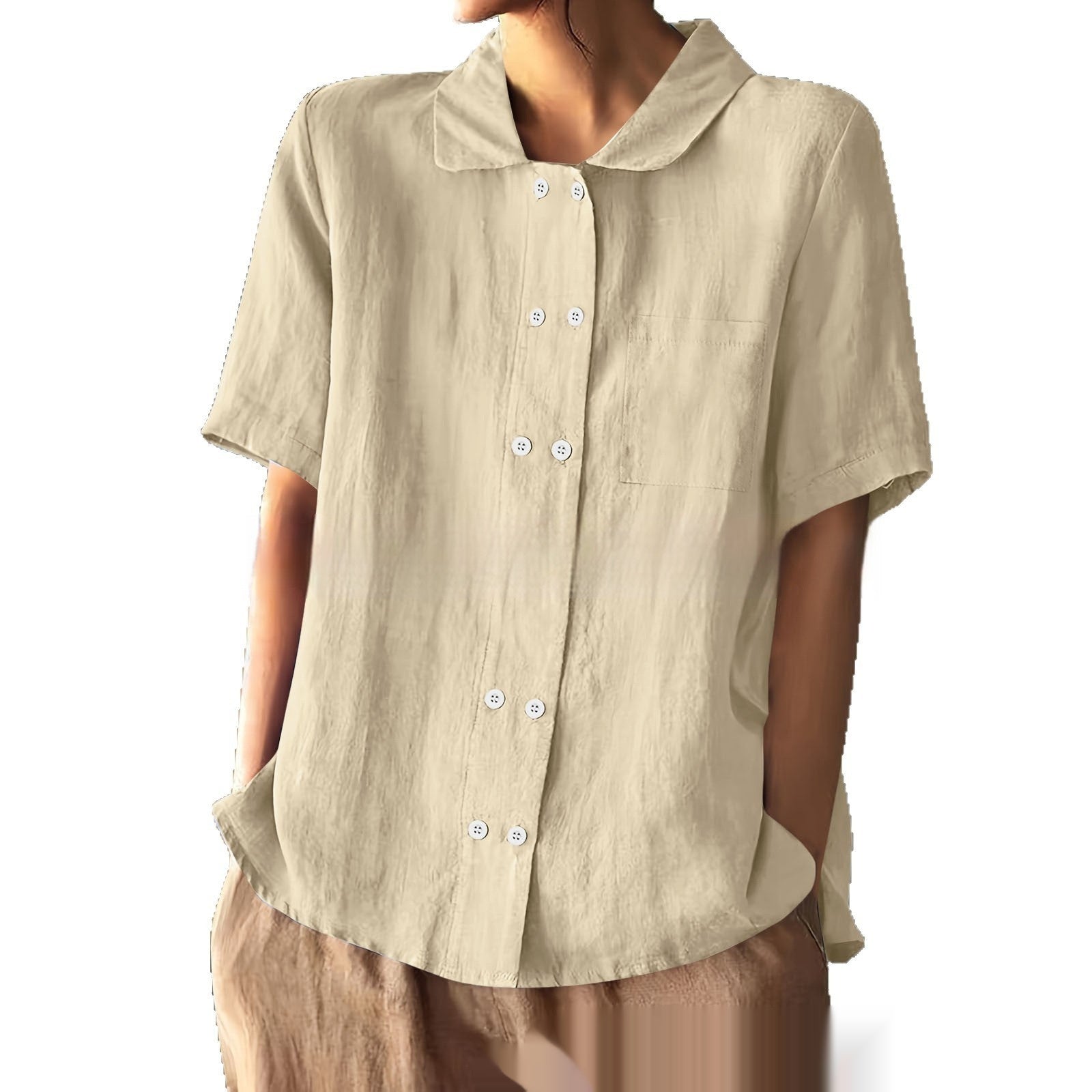 Graceful And Fashionable Solid Color Loose Double Breasted Lapel Shirt Thin